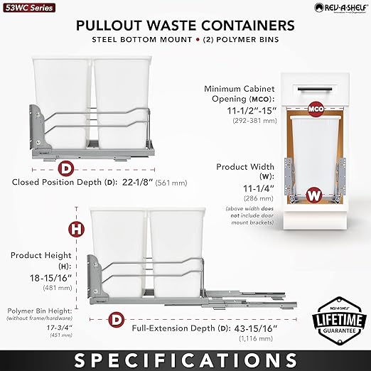 Rev-A-Shelf 53WC-1527SCDM-213 Double 27 Quart Pull-Out, Orion Gray