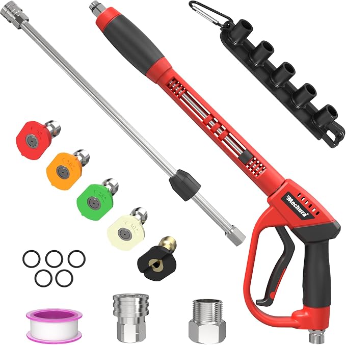 Pressure Washer Gun 5000PSI with Extension Wands, 40 Inch | Pressure Washer Accessories with 1/4" Quick Connect Outlet, Car Wash Gun with 5 Nozzle Tips and M22-14mm to M22-15mm Adapters