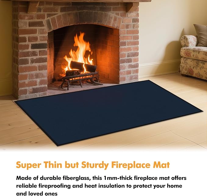 Hearth Rugs for Fireplaces Fire Resistant, 4' x 2'4" x 0.04'', Blue | 1800°F fireplace mat, fiberglass fireplace rugs fireproof protect floors carpets from sparks embers, easy to clean, versatile