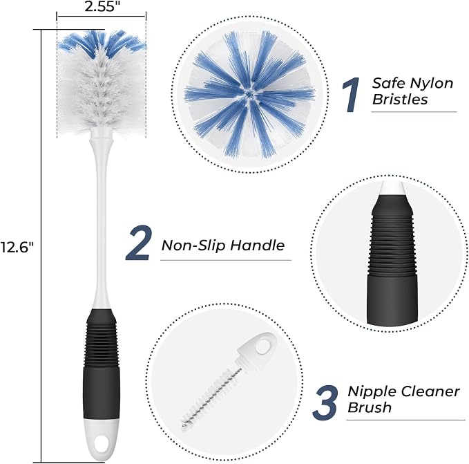 Bottle Brush Cleaner, Long Flexible Handle Bottle Brush Scrub for Water Bottles, Glasswares, Tumblers, Travel Coffee Mugs, 2 Pack