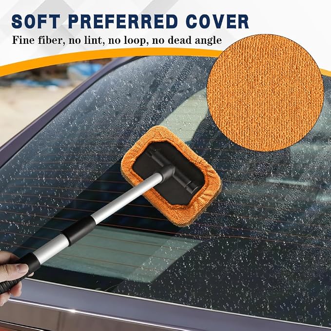 Windshield Cleaning Tool, Car Window Cleaner, Vehicle Window Cleaner with Extendable Handle & 2 Washable Microfiber Pads, Car Interior Glass Wiper Cleaning Kit for Most Vehicles (Orange)