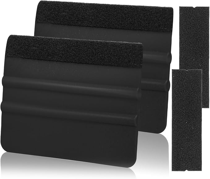 Vinyl Wrap Squeegee 2Pcs Black with Extra 2 Felt Replacements | Extra 2 Felt Replacements, Non Slip Plastic 4 Inch Squeegee, Scratch Free Bubble Elimination, Tool for Car Wrap Window Tint