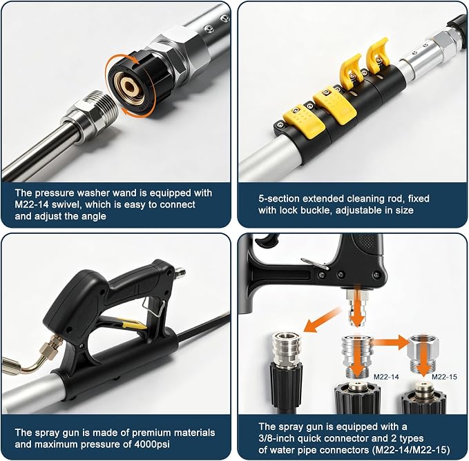 24 FT Aluminum Telescoping Pressure Washer Wand with 3 Pressure Washer Extension Wand, Gutter Cleaning tools with Power Washer Extension Wand, Gutter Cleaner Wand, 7 Pressure Washer Spray Nozzle Tips