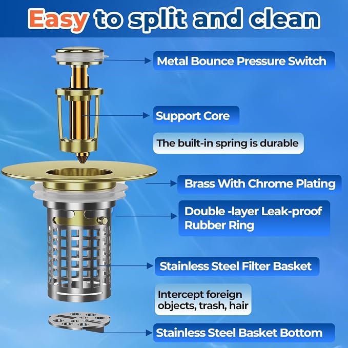Bathroom Sink Drain Strainer(2PCS), Stainless Steel Pop-up Strainer Basket Hair Catcher with Removable Basket, Brass Bullet Core, Universal Fit 1.1-2.36 Inch Brushed Gold