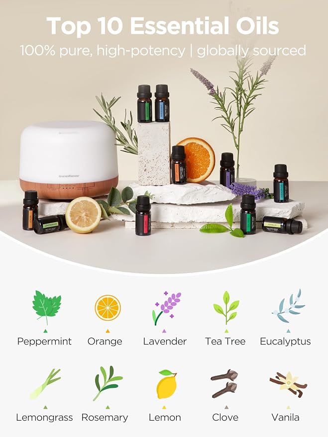 InnoGear 500ml Aromatherapy Diffuser for Home 10 Essential Oil Set, Yellow | Gift Set, Remote Control, Automatic Shut-Off, 4 Timers, Quiet, Run up to 18hrs, Cool Mist Humidifier, Large Room, Easy to Use