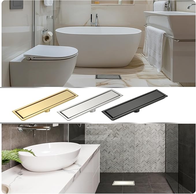 uxcell Rectangular Shower Drain, Brushed 304 Stainless Steel Odor-Proof Floor Drain Linear Shower Drain Hair Catcher for Bathroom Kitchen and Laundry Room(16 Inch, Bright Silver)