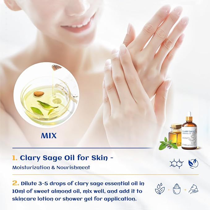 HIQILI Clary Sage Oil Essential, Herbal Sooth Aroma in Diffuse, Meditation, Calming Sleep at Bedtime, Body Massage, Moisturize Skin, DIY Deodorant Spray - 100ML | Can be added for meditation, bedtime calming sleep, DIY deodorant spray use – 100mL / 3.3...