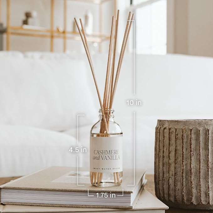Sweet Water Decor Non-Toxic Cashmere and Vanilla Reed Diffuser Set, Cashmere, Sandalwood, Milky Coconut, Bourbon Vanilla Scented Diffuser for Home, Light Fragrance, Made in the USA, 3.5 FL OZ