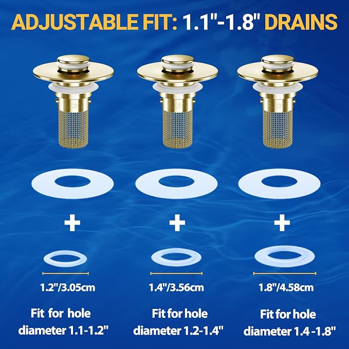 Bathroom Sink Drain Strainer, Pop-Up Bathroom Sink Stopper with Removable Stainless Steel Hair Catcher Basket, Universal Fit for US Bathroom Sinks, Showers & Floor Drains (1pcs-Gold)