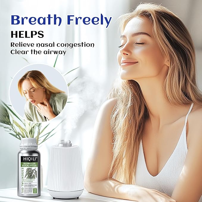 HIQILI Eucalyptus Essential Oil for Spray, Diffuser & Skin | with Two Travel Vials, Diffuse for a Crisp, Airy Atmosphere, DIY Blends and Body Massage —500ml / 16 fl oz