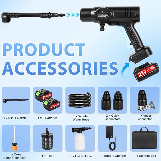 Cordless Portable Washer, Handheld Washer, Battery Operated Washer with 5M Elastic Hose for Car Home with Storage Box 80bar