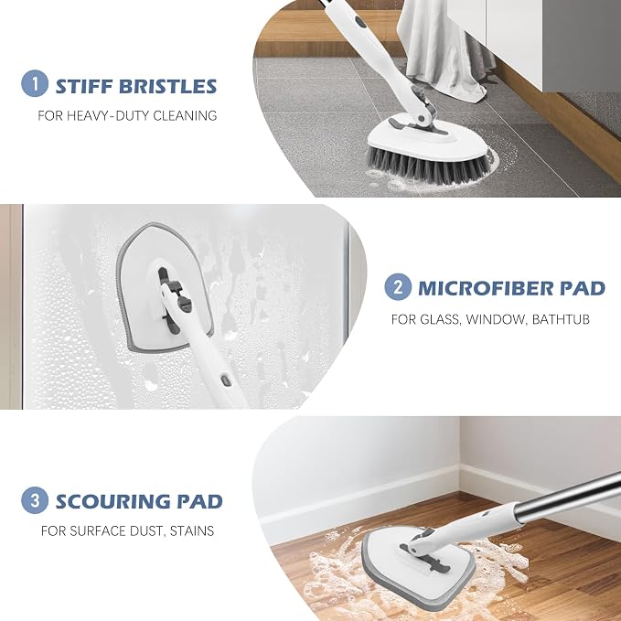 SetSail Tile Tub Scrubber Brush 3-in-1 Long Handle Shower Brush,White Grey | with 3 Detachable Replacement Brush Head, Multi-Angle Cleaning Locks at 45°, 90°, 180° for Bathroom Kitchen Walls Tub Tile