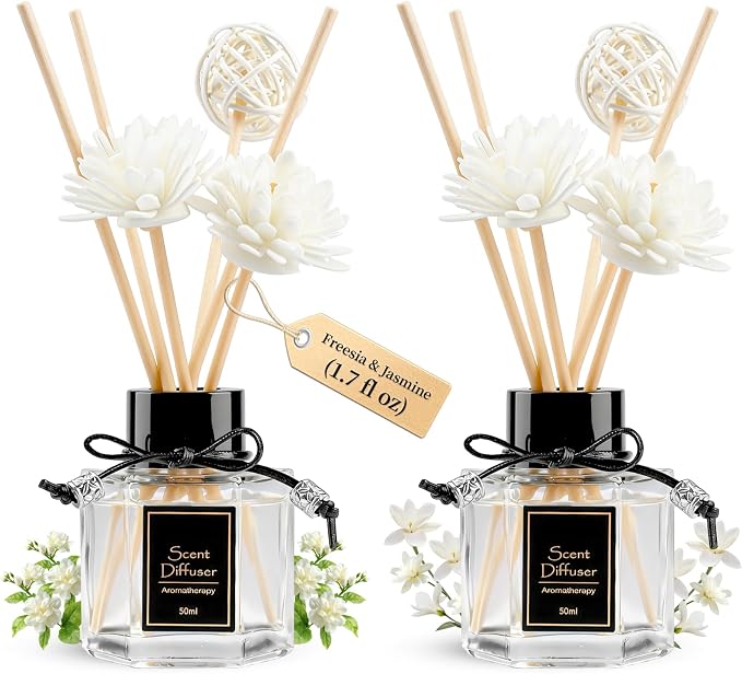 English Pear & Freesia + Jasmine Reed Diffuser Set of 2 for Bathroom, 1.7 fl oz Essential Oil Diffuser Sticks | Home Air Freshener Fragrance with 6 Reeds for Diffuser | Smell Good for Home Shelf Decor