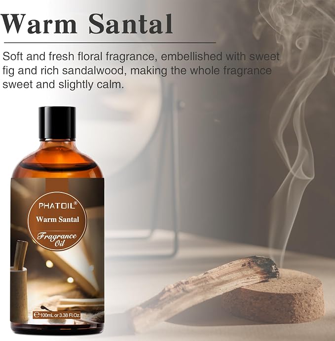PHATOIL 3.38FL.OZ Warm Santal Fragrance Oils for Aromatherapy, Essential Oils for Diffusers for Home, Perfect for Diffuser, Yoga, Skin Care, DIY Candle and Soap Making - 100ml | Long Lasting Scented Oils For Humidifier, Air Freshener, DIY Soap Candle, ...