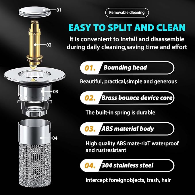 Bathroom Sink Stopper Hair Catcher, Pop Up Drain Plug with Strainer and Filter Basket, Universal Replacement Cover, 2 Pack