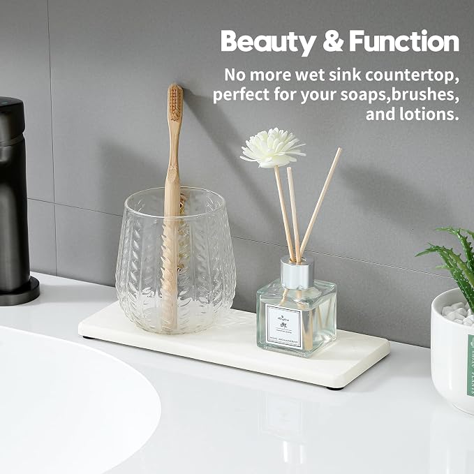 2PCS White Water Absorbing Diatomite Stone Drying Soap Dish Sink Vanity Tray for Bathroom/Kitchen Counter, Sponge Holder Mat Dispenser Rack Faucet Splash Guard Caddy Organizer, 9"x3.5"
