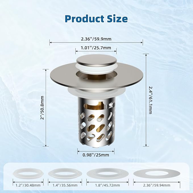 iFealClear 2 Pack Metal Bathroom Sink Stopper, Pop Up Sink Drain Strainer with Removable Stainless Steel Filter Basket, Universal for 1.1"-2.36" Sink, Brass Bounce Core, Hair Catcher, Brushed Nickel