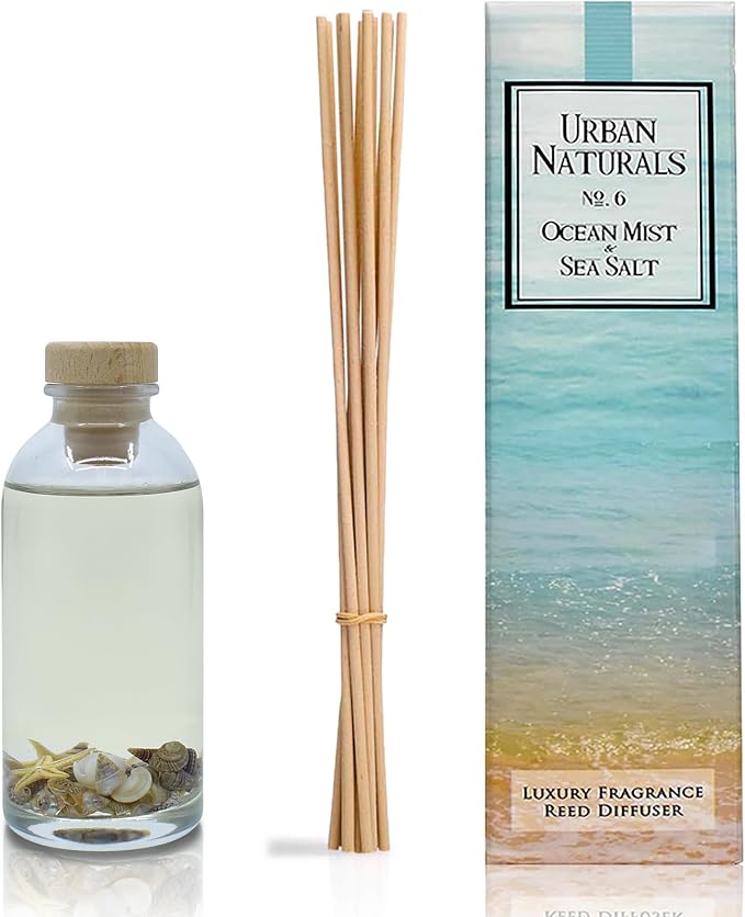 Reed Diffuser Set, Ocean Mist & Sea Salt - Bathroom Décor | Made with Essential Oils & Real Seashells, Decorative Air Freshener Room Diffuser