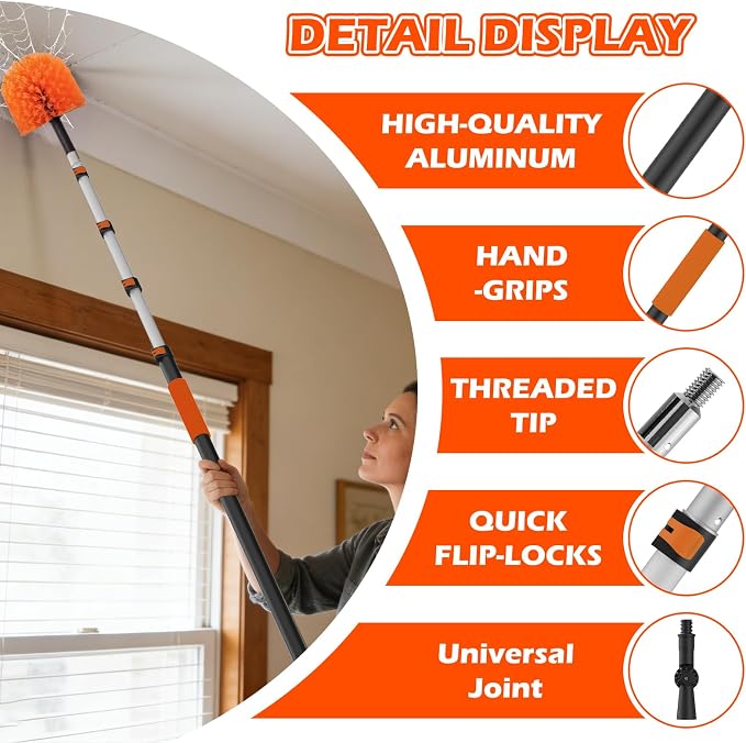 16FT Reach High Ceiling Duster Kits with 3-12FT Adjustable Pole - Includes Extra Long Duster, High Ceiling Duster, Rotatable Window Squeegee & Cobweb Duster for Ceiling Fans and Whole House Cleaning