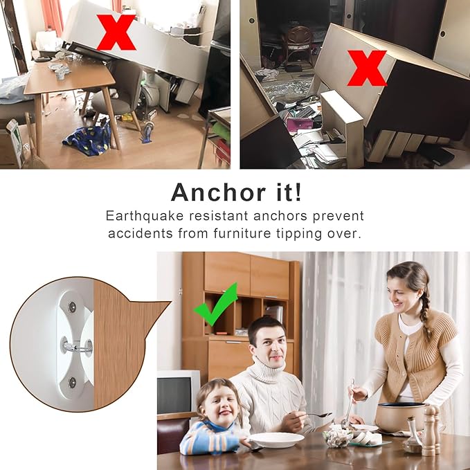4our Kiddies 10 Pack Furniture Anchors for Baby Proofing, Anti Tip Furniture Wall Anchors, Secure 400 Pounds Cabinet, Bookcase, Dresser to Wall, Earthquake Furniture Straps for Child Safety