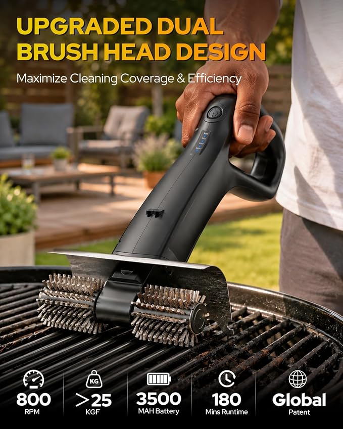 Cordless Electric Grill Brush, BBQ Grill Cleaner with 800RPM High-Speed Motor, 25kgf High Torque, 3500mAh Rechargeable Battery, 180-Min Runtime, 2 Replaceable Brush Heads, LED Light & Scraper