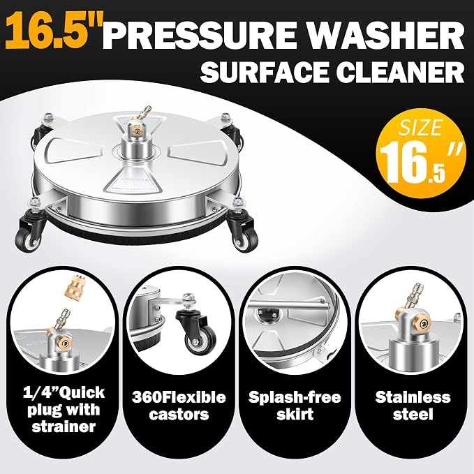 LidoDola 16'' Pressure Washer Surface Cleaner, Power Washer Accessory | Stainless Steel Housing with 4 Wheels, 1/4" QC, 2 Extension Wands & 2 Replacement Nozzles, for Gas & Electric Pressure Washer