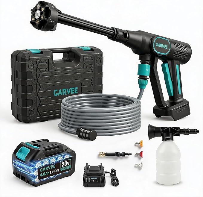 Garvee 20V Cordless Pressure Washer, 4.0Ah Battery & Charger, Brushless Portable Power Washer with 6-in-1 Nozzle, 26FT Self-Priming Hose for Car Patio Garden Shower Cleaning