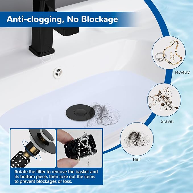 Hibbent 3 Pack 3 in 1 Bathroom Sink Drain Strainer, Universal Pop Up Stopper, Removable Stainless Steel Filter Basket Hair Catcher, Sink Plug for 1.1''~2.36'' Basin, Brass Bullet Core, Matte Black