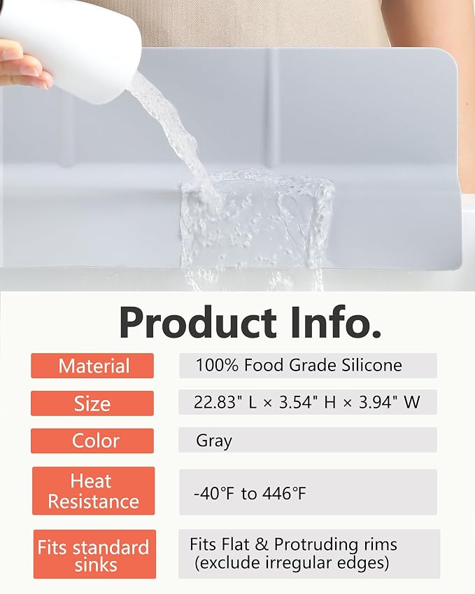 Kitchen Sink Splash Guard 30" 23" 18" Self-Draining Silicone Water Guard with High Splash Wall & Strong Suction Cups for Faucet, Countertop & Sink Edge, Keeps Sinks Dry, Dishwasher Safe, Grey