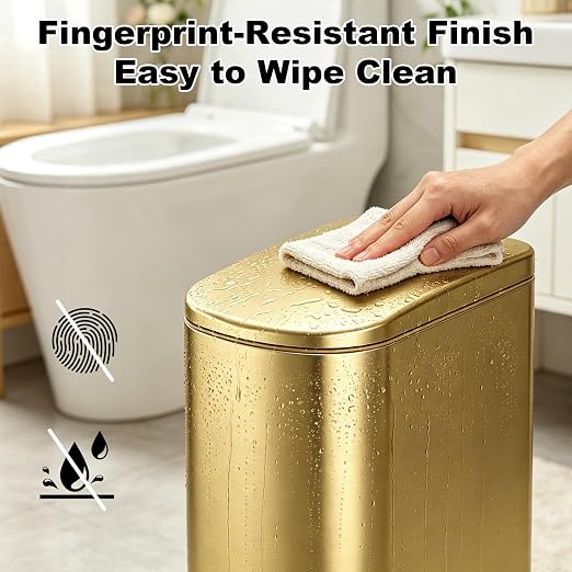 SYNCVIBE Slim Bathroom Trash Can with Soft Close Lid Stainless Steel Garbage Can Step Trash Bin with Removable Inner Bucket for Bedroom, Office, Kitchen (Gold, 3.5 Gallons)