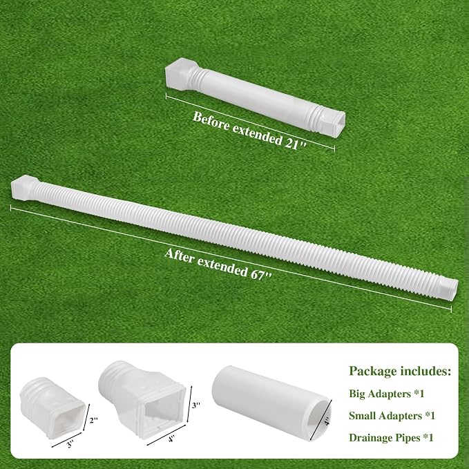 Gutterlix 2 Pack Flexible Gutter Downspout Extensions Extendable from 21" to 67", Downspout Extender Comes with Adapters, Thickened Down spout Drain Extension for Rainwater Drainage(White)