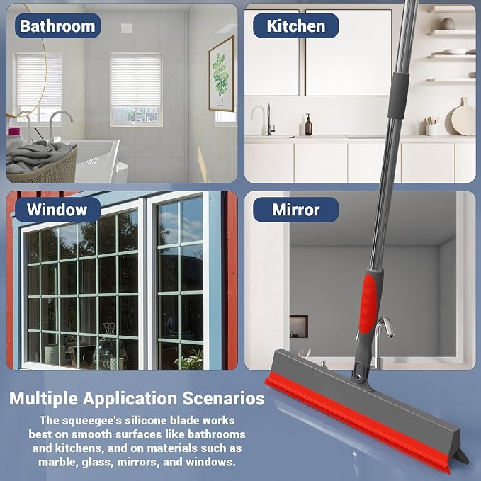 Floor Squeegee for Concrete Floor, 15.8" Large Heavy Duty Squeegee for Floor with 60" Adjustable Handle, 2-in-1 Silicone & EVA Blade for Garage,Concrete,Tile,Bathroom,Window Glass Cleaning