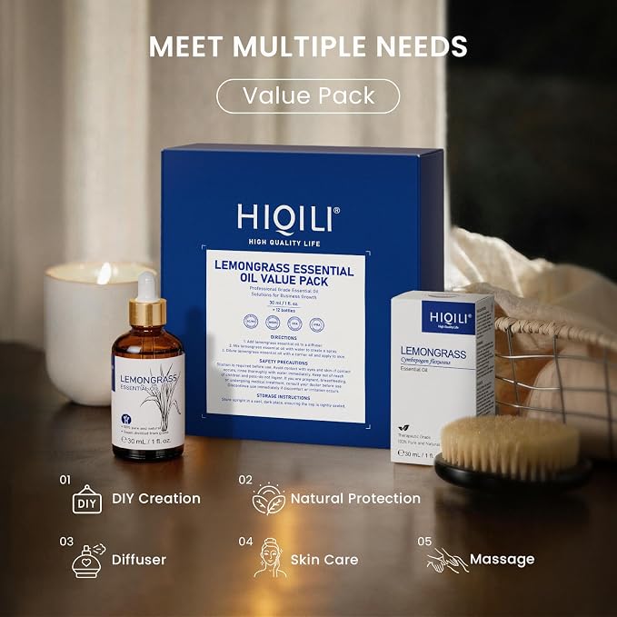 HIQILI Lemongrass Essential Oil Set, Bulk Wholesale for Business | Ideal for DIY, Diffusing, Protection, Skin & Massage, for Craft Shops, Hotels, Outdoors & Spas - 30mL / 1 fl oz (12 pack)