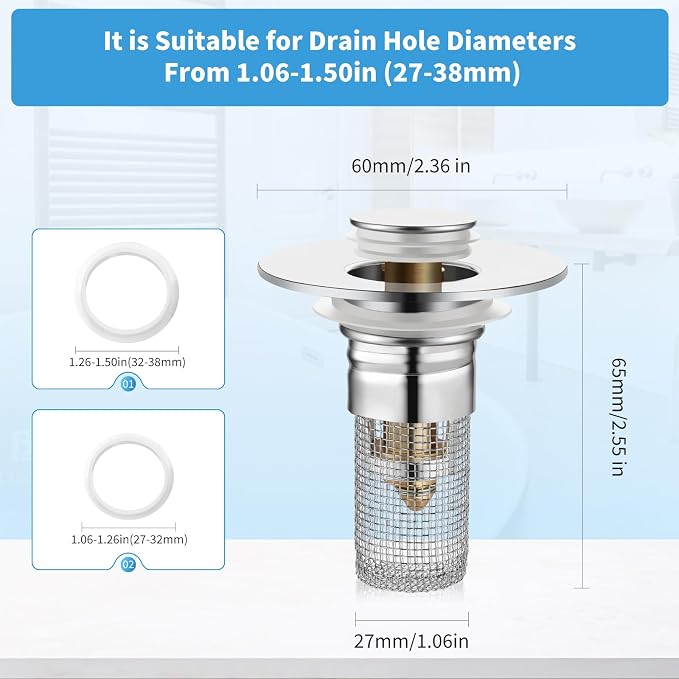 2 Pack Bathroom Sink Stopper for 1.06-1.50in, Universal Drain Filter with Hair Strainer, Universal Bathroom Sink Drain Pop Up Stopper for US Stainless Steel Floor Drain Filter