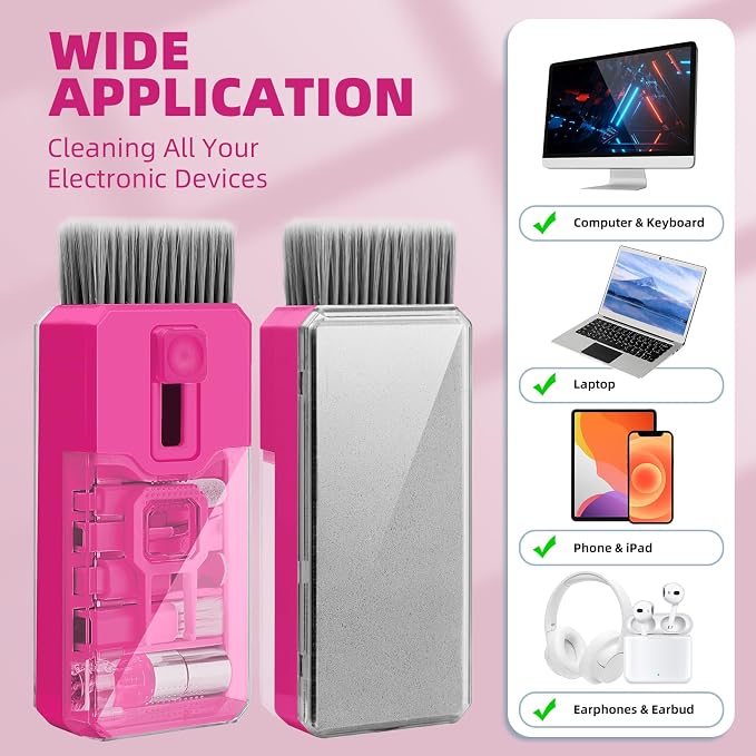 Keyboard Cleaner & Laptop Cleaning Kit, All-in-1 for Computer PC, HotPink | Electronics Deep Cleaning Reusable Brush Tool, Screen-Safe Spray, for iPhone iPad Macbook Airpod Camera, Gaming Accessories