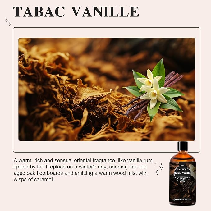 PHATOIL Tabac Vanille Fragrance Oil for Diffuser Aromatherapy 3.38FL.OZ | Long Lasting Scented Oils For Humidifier, Air Freshener, DIY Soap Candle, Scent Project Making, Aroma Oil for Home Freshening