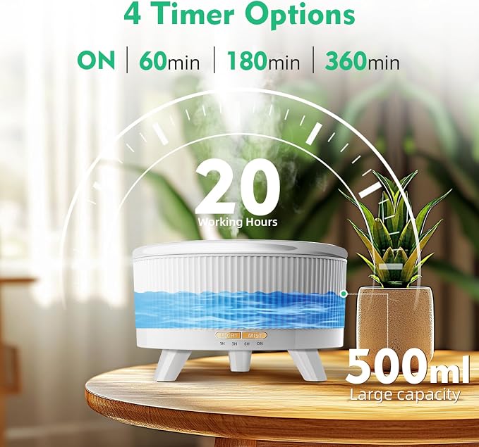 500ml Essential Oil Diffuser, Ultrasonic Aromatherapy Humidifier | with Oils, Remote Control, 7-Color LED Light, Timer & Auto Shut-Off, Cool Mist Diffuser for Home, Bedroom, Office (White)