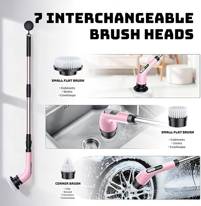 Highyes Electric Spin Scrubber for Bathroom, Upgrated Powerful IPX7 Waterproof Shower Scrubber with Extendable Long Handle A10D (Pink) | IPX7 Waterproof Shower Scrubber with Extendable Long Handle，Bathroom Cleaning Scrubber with 7 Reusable Brush Heads