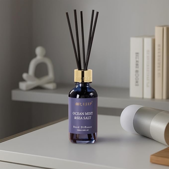 Reed Diffuser Set, 3.38 fl oz (100 ml) - Ocean Mist&Sea Salt Oil Diffusers with 8 Reed Sticks, Home Fragrance Reed Diffuser for Bathroom Shelf Decor