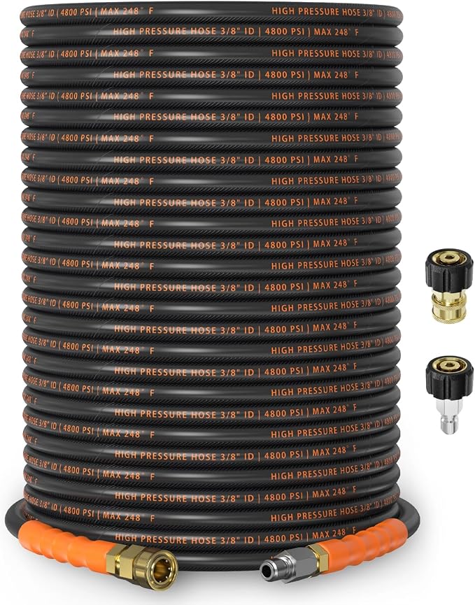 3/8" ID Pressure Washer Hose 150 ft, 4800 PSI Steel-Braided & Durable - Flexible & Kink-Resistant, Power Washer Hose with Swivel Quick Connect & M22-14mm Adapter, Hot/Cold Water Compatible