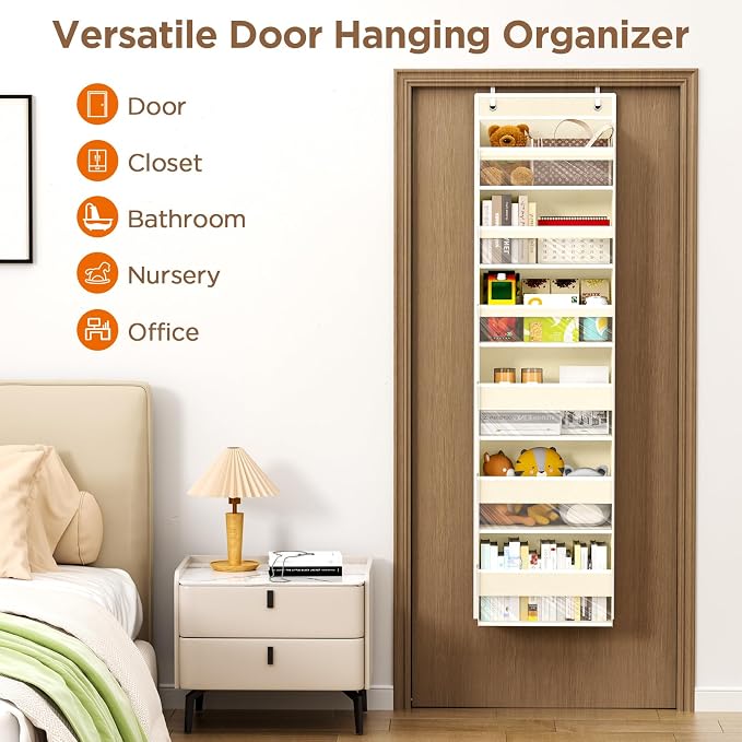 6 Tiers Over The Door Organizer, Behind The Door Storage Hanging Shelves | Heavy Duty Hanging Organizer Storage with Large Capacity Pockets for Closet Wall Bathroom Bedroom Nursery Pantry, 1 Beige