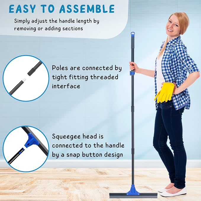 Floor Squeegee with Telescopic Long Handle 59'', Heavy Duty 18" Rubber Wiper Broom for Concrete, Bathroom Tile, Garage, Deck
