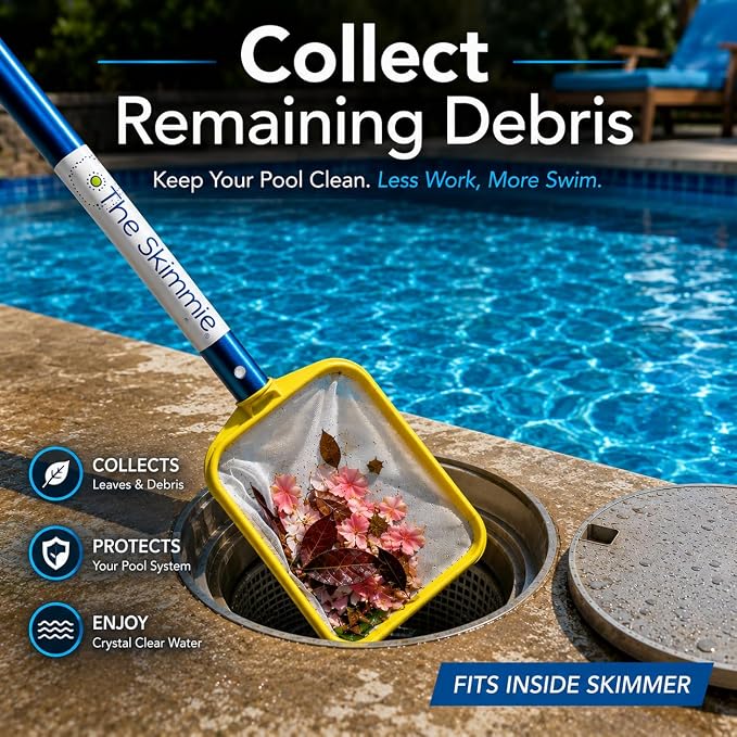 The Skimmie (Long Version) Pool Skimmer Net & Pole 53" with Stainless Steel Hook, Two Skimmer Basket Handles, Fine Mesh Net & Skimmie Dip - Hands-Free Removal of Debris, Bugs, Frogs, Small, Animals