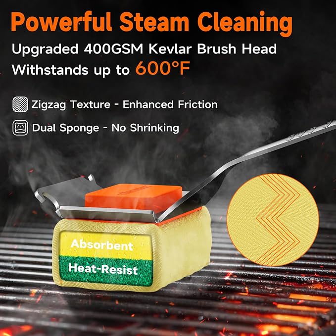 Grill Brush Head Bristle Free, Heat-Resistant Kevlar Fiber, Orange Head | Steam Cleaning, Replaceable No-Wire Head, 17" Handle, 4-in-1 Scraper, for Porcelain/Ceramic/Stainless Steel/Cast Iron Grate