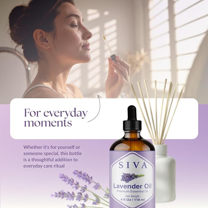 Siva Lavender Essential Oil, Glass Bottle with Dropper, 4 Fl Oz (118 ml) | Lavender Oil for Diffuser, Humidifier, Linen Spray, Skin Care, Hair Care, Body Massage, Soap, Candle, Bath Salt & DIY Blends