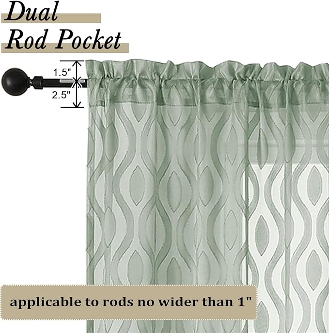 Aiyufeng Sheer Green Curtains 84 Inches Long 2 Panels, Modern Airy Light Filtering Wavy Line Clip Jacquard Window Treatments for Bedroom Living Room, Rod Pocket Curtain Drapes, Total 80 inches Width