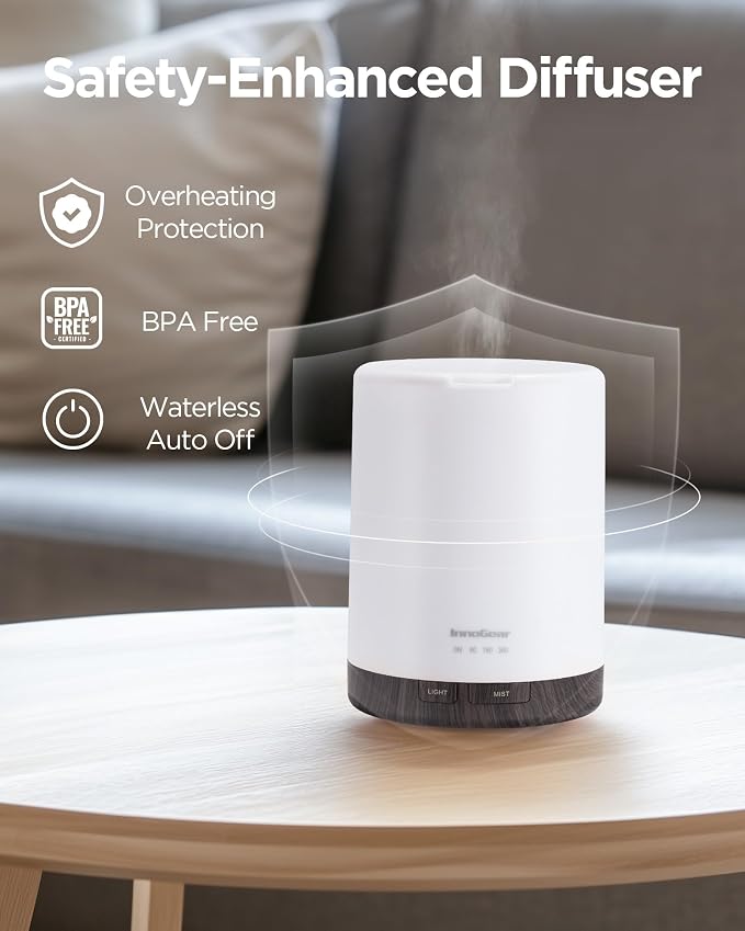 InnoGear 300ml Essential Oil Diffuser for Home Scent Humidifier, Brown | Aromatherapy, Cool Mist Humidifier, Ultrasonic, Large Room, Run up to 10hrs, Waterless Auto Off, 7 LED Lights, Quiet
