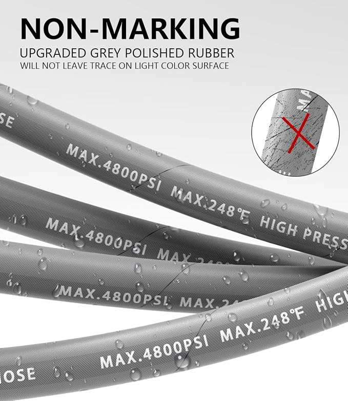 3/8" Pressure Washer Hose 75FT 4800 PSI, Kink Resistant Steel Braided Layer & NonMarking Rubber for Hot/Cold Water, High Power Washer Hose With 3/8 Inch Quick Connect & M22 Fitting, Gray