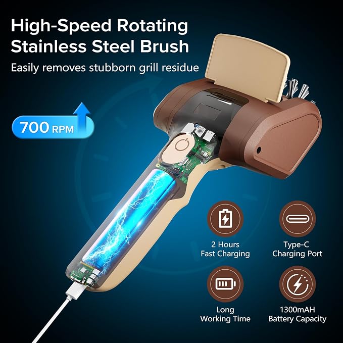 Electric Grill Brush for Outdoor Grill, Electric BBQ Grill Cleaner | Rechargeable Electric BBQ Grill Cleaning Stainless Steel Brush, Grill Scraper, BBQ Accessories Brown