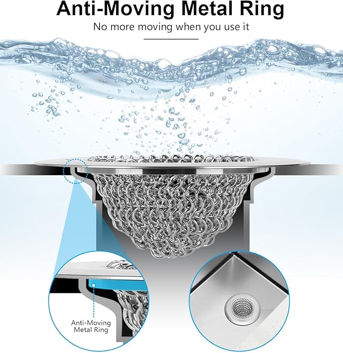 2 Pcs Sink Drain Strainer: Anti-Slip Flexible Chainlink, 304 Stainless Steel. Upgraded Clog-Free Kitchen Version, Easy-Clean Catcher for Garbage Disposal